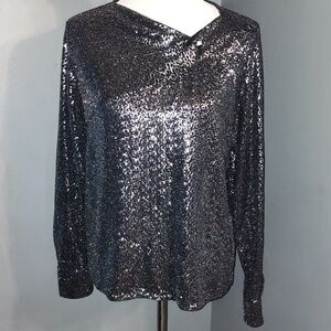 ZARA Silver Grey Sequin Metallic Long Sleeve Top With Knot size small